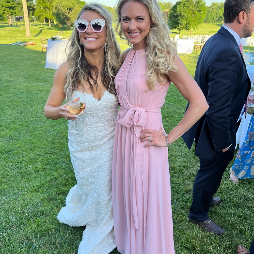 Revelry Eliza Chiffon bridesmaid dress side 2 in blush